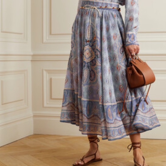 Zimmermann Vitali Belted A-Line Print Silk Maxi Skirt 1 (4-6) Blue Paisley - Picture 2 of 8